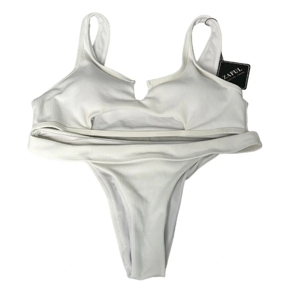 ZAFUL NWT White Ribbed Bikini Set Cutout Padded Tank Top Cheeky Bottoms Size 8